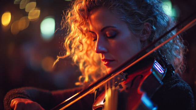 Woman playing violin in a dimly lit, urban setting with colorful bokeh lights