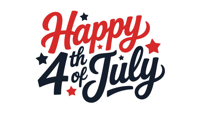Happy 4th of july text in a bold red and blue script with stars and a silhouette effect