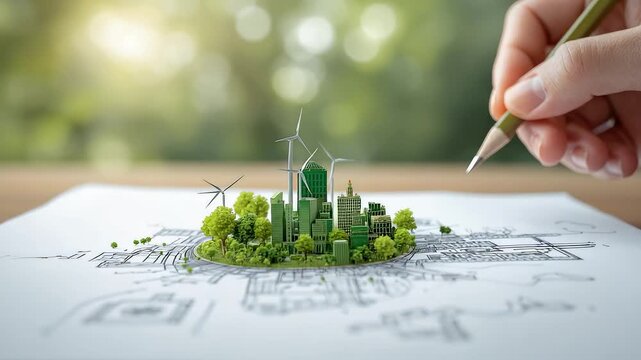 Hand draws with pencil on blueprint next to green city model with wind turbines and trees