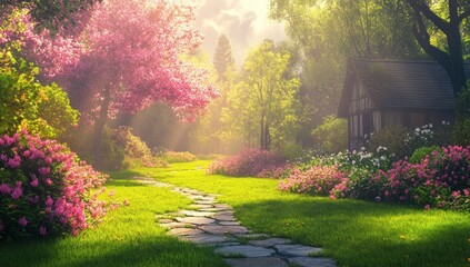 Stone path winding through a vibrant spring garden with blooming pink flowers, lush green grass, radiant sunbeams, and a charming cottage.