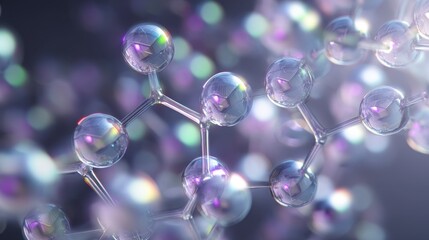 Naklejka premium This image presents a close-up view of a molecular structure with translucent spheres and a shimmering background, representing the beauty of chemistry.