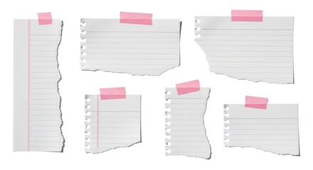 Versatile set of blank torn lined paper pieces with pink sticky tape, ideal for crafting personalized messages, organizing ideas, or enhancing digital designs and scrapbooking projects