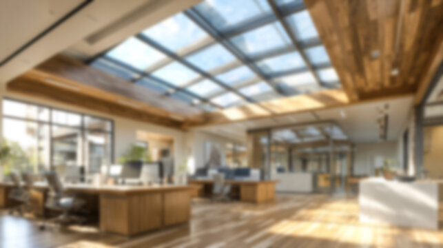 Blurred modern office interior background with natural light, wooden accents & skylight. Ideal for professional virtual meetings, Zoom, website design, presentations & corporate branding. Contempor