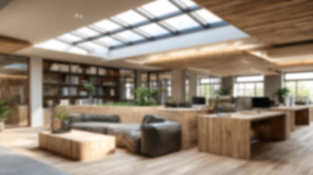 Blurred modern office interior with natural light, wood textures, and minimalist design. Perfect luxury background for virtual meetings, website, and business presentations.