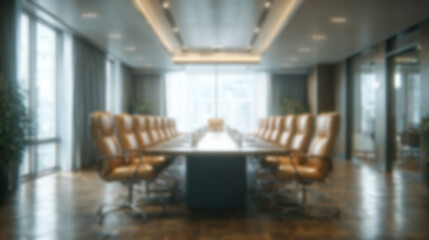 Blurred modern conference room interior with brown leather chairs and natural light, ideal for virtual meeting backgrounds, corporate presentations, and website design.