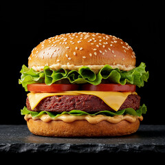 Savory gourmet burger with fresh lettuce, juicy tomato, melted cheese, and creamy sauce on a black background.