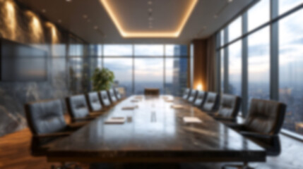 Blurred modern luxury conference room interior with warm lighting, sleek design, and cityscape view. Ideal for virtual meetings, zoom, and website backgrounds.