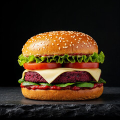 Juicy gourmet beetroot burger piled high with fresh toppings and melted cheese, perfect for healthy eating