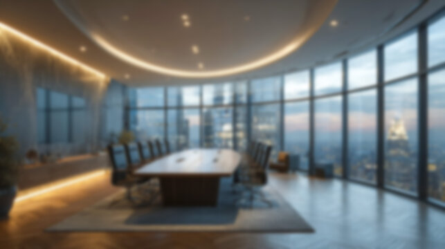 Blurred modern luxury conference room interior with panoramic city view and warm ambient lighting. Ideal for virtual meetings, Zoom backgrounds, corporate presentations, and website design.