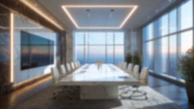 Blurred modern luxury conference room interior with minimalist design and natural light. Ideal professional backdrop for virtual meetings, Zoom calls, and website backgrounds.