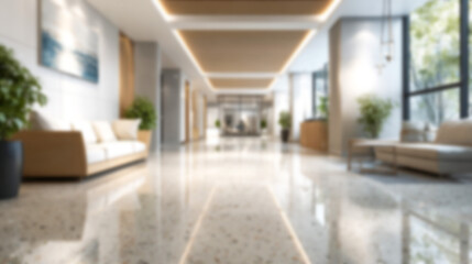 Blurred modern luxury hotel lobby interior with elegant minimalist design and warm lighting. Ideal for virtual meeting backgrounds, website headers, and corporate presentations.