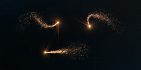 Glowing golden magical comets with sparkling particles and a trail against a dark background. An element for fairy-tale, festive, and fantasy compositions, creating an effect of appearance or movement © MAKSYM