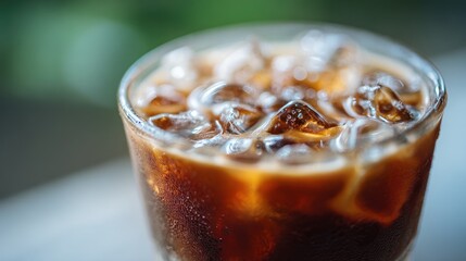 Refreshing iced coffee in a glass, perfect for a hot day beverage close-up