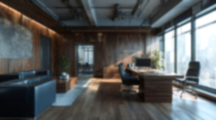 Fototapeta premium Blurred modern luxury office interior with warm wooden elements and natural light. Ideal for professional backgrounds, virtual meetings, zoom calls, and website design.
