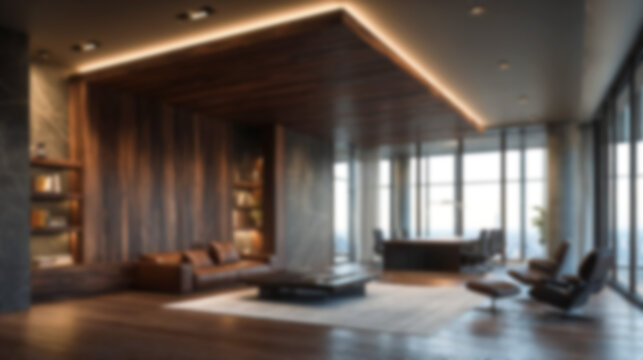 Blurred modern luxury interior with warm wooden accents, elegant furniture, and soft ambient lighting. Ideal background for virtual meetings, website, and branding.
