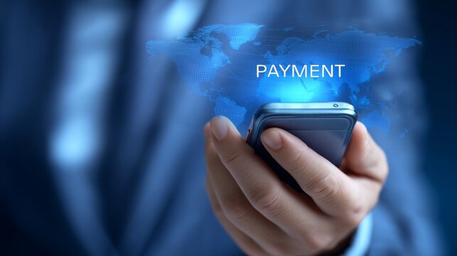 A man in business attire uses his smartphone for a secure online payment, showcasing the ease of digital transactions in today's tech-driven society. The background hints at global connectivity