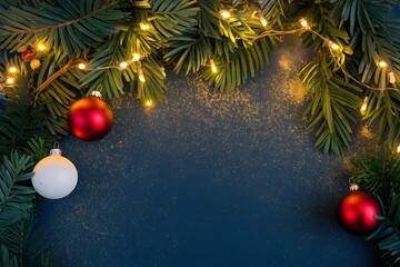 Festive Christmas Decoration with Pine Branches, Twinkling Lights, and Shiny Ornaments Creating a Cozy Holiday Scene