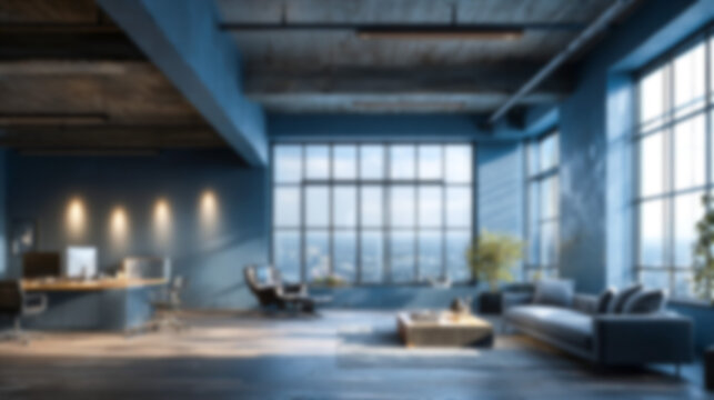 Blurred modern office interior with blue walls, concrete ceiling, and large windows, bathed in natural light. Perfect for virtual meeting, zoom, website, and presentation backgrounds, offering a pr