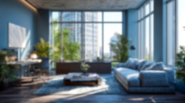 Blurred modern interior background with elegant minimalist design, blue walls, large windows, and natural light. Ideal for virtual meetings, website backdrops, professional presentations, and desig