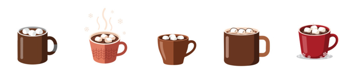 Cocoa Mug Marshmallow Flat Vector Set Winter Hot Drink Illustration
