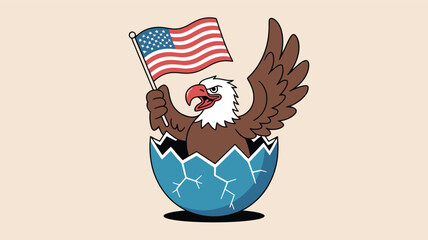 Majestic bald eagle emerging from a cracked egg holding the american flag in a striking silhouette