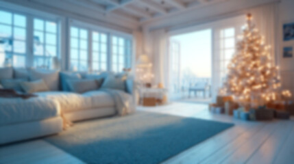 Blurred festive Christmas living room interior with warm lights, snowy outdoor view. Ideal for cozy holiday backgrounds, virtual meetings, and winter designs.