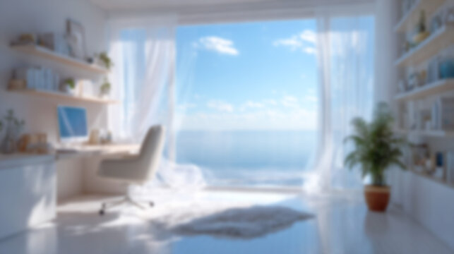 Blurred modern home office with desk, chair, and shelves, overlooking a serene blue ocean. Ideal for virtual meeting backgrounds, website headers, or relaxing content.