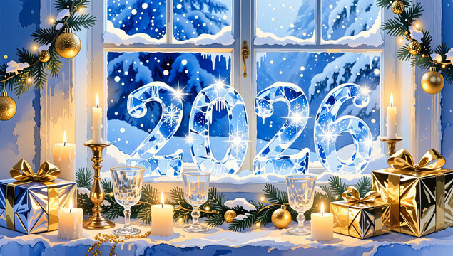 Elegant New Year's numbers 2026 on a windowsill overlooking a snowy night, gold gift boxes, burning candles in brass candlesticks, crystal glasses, and a fir garland with gold ornaments against a fros