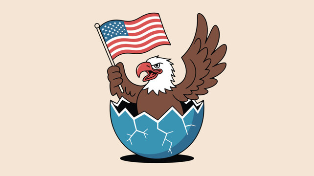 Majestic bald eagle emerging from a cracked egg holding the american flag in a striking silhouette