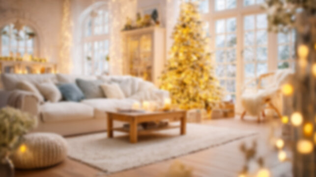 Blurred festive living room interior with warm golden Christmas lights and soft bokeh. Ideal background for virtual meetings, websites, and holiday design.