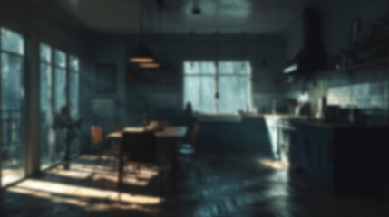 Blurred modern interior kitchen and dining area with cinematic light rays, dark moody tones, and subtle reflections. Ideal background for virtual meetings, website design, or presentations.
