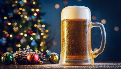 Christmas Beer Celebration with Frosted Glass and Glittering Lights
