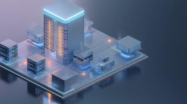A sleek, futuristic data center design with glowing elements. The structures stand isolated against a dark background, emphasizing a creative illustration.