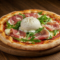 Gourmet pizza with creamy burrata, prosciutto, and fresh arugula on rustic wood