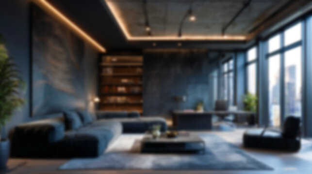 Blurred modern luxury interior with dark tones, warm lighting, and cityscape view. Ideal as an elegant background for virtual meetings, websites, and upscale presentations. - Powered by Adobe