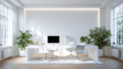Fototapeta premium Blurred modern office interior background with natural light, white walls, and green plants. Ideal for virtual meetings, website design, minimalist presentations, and zoom backdrops.