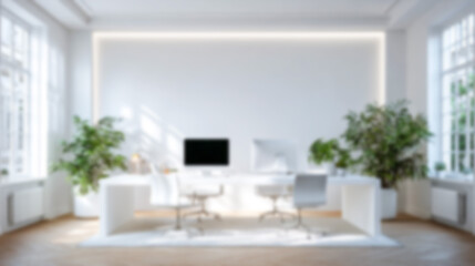 Fototapeta premium Blurred modern minimalist office interior background with white walls and soft natural light. Ideal for virtual meetings, Zoom, website design, and professional presentations.