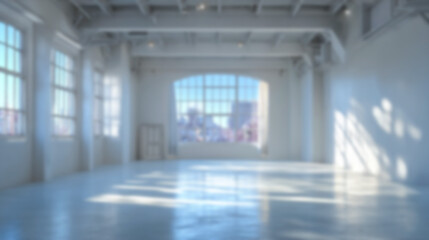 Blurred modern interior background with natural light from large windows, creating a bright and airy atmosphere. Ideal minimalist backdrop for virtual meetings, website design, or product mockups.