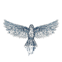 Abstract digital bird silhouette composed of shimmering circles and reflective elements on black Keywords: abstract, bird, silhouette