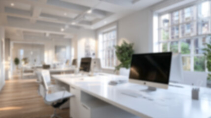 Blurred modern office interior background with clean white desks and natural light. Ideal for virtual meeting backdrops, website designs, presentations, or minimalist branding.