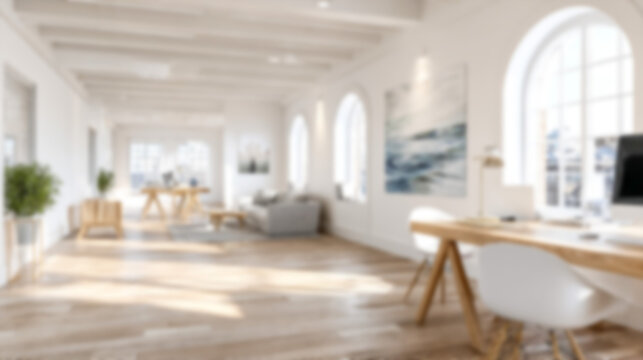 Blurred modern office interior, minimalist and bright workspace with natural light, warm wooden floors, and white walls. Perfect background for virtual meetings, website, presentations, and digital