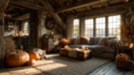 Cozy blurred rustic autumn living room interior with warm lighting and pumpkins, creating a comfortable fall atmosphere. Ideal as a background for virtual meetings, seasonal designs, or website ima