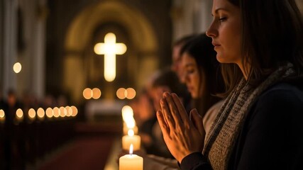 Woman praying with folded hands in church during a service or religious ceremony, surrounded by soft glowing candles and blurred cross.