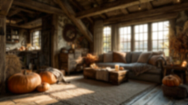 Cozy blurred rustic autumn living room interior with warm lighting and pumpkins, creating a comfortable fall atmosphere. Ideal as a background for virtual meetings, seasonal designs, or website ima