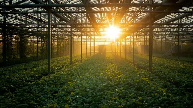 Sunrise light streams through glass greenhouse filled with rows of green plants and misty air
