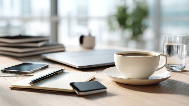 Inspiring workspace scene with coffee, technology and office supplies - Powered by Adobe