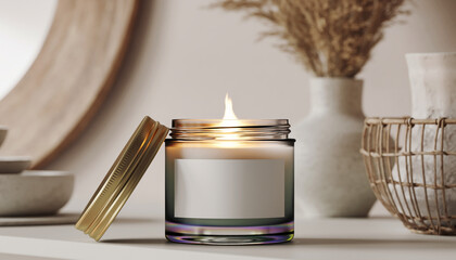 A lit scented candle in an iridescent glass jar with a blank label mockup for branding, set in a cozy spa bathroom for wellness