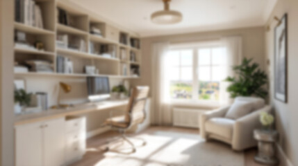 Blurred modern minimalist home office interior with soft neutral tones, warm natural light, and elegant furniture. Ideal for virtual meeting backgrounds, websites, branding, or presentation design.