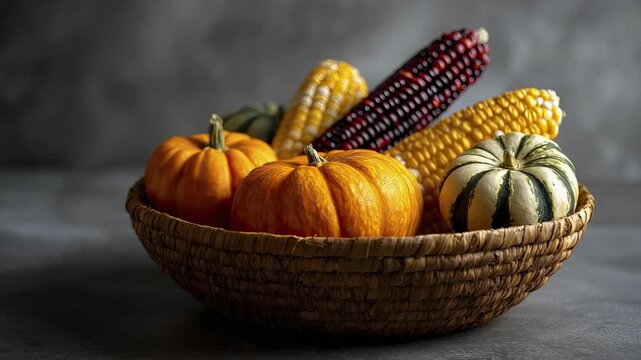A woven basket filled with small orange pumpkins a striped gourd and cobs of yellow and red corn sits on a dark surface against a gray background
