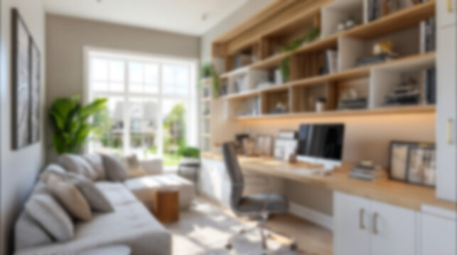 Blurred modern home office interior with neutral tones and soft natural light. Ideal background for virtual meetings, website design, presentations, and a cozy workspace.
